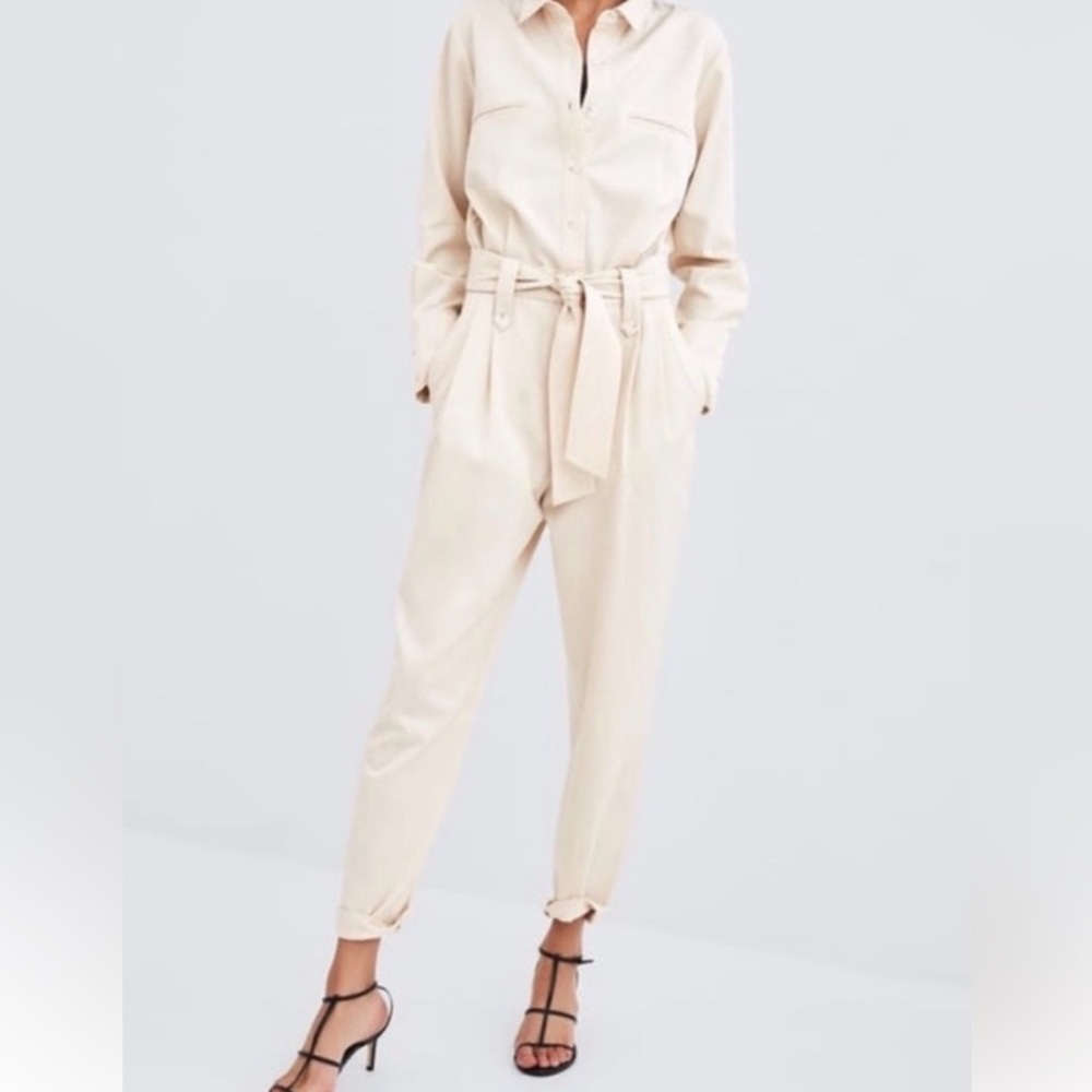 Zara TRF Collection Tencel long sleeve jumpsuit in an ecru/cream color size L/XL